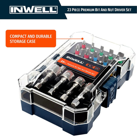 Compact 23-piece bit and nut driver set in a durable storage case.
