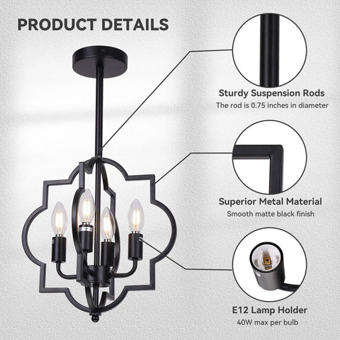 Farmhouse Black Chandelier With 4 Lights Dope Modern Island Pendant Ceiling Light Fixture details with metal rods and holder