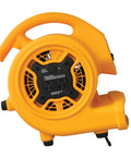 Side view of a Mini Mighty 1/5 HP 800 CFM Centrifugal Air Mover For Fast Carpet Drying Floors Furniture And More Stackable Daisy Chain Design Ideal For Water Damage Restoration Janitorial Plumbing And Home Use Yellow, showing its compact design and air vents.