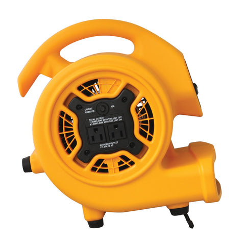 Side view of a Mini Mighty 1/5 HP 800 CFM Centrifugal Air Mover For Fast Carpet Drying Floors Furniture And More Stackable Daisy Chain Design Ideal For Water Damage Restoration Janitorial Plumbing And Home Use Yellow, showing its compact design and air vents.