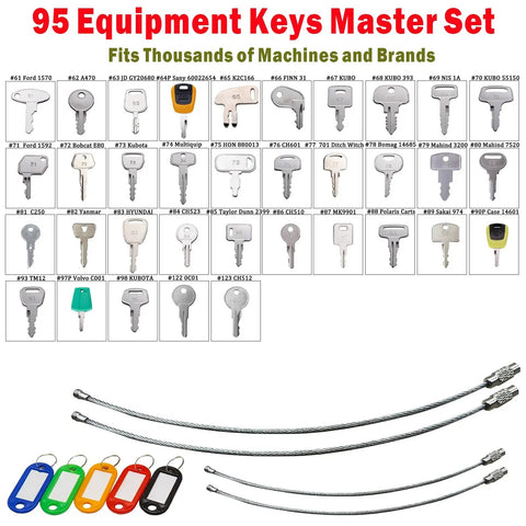 95-key industrial grade heavy equipment ignition keys set for construction machines with key tags and rings displayed