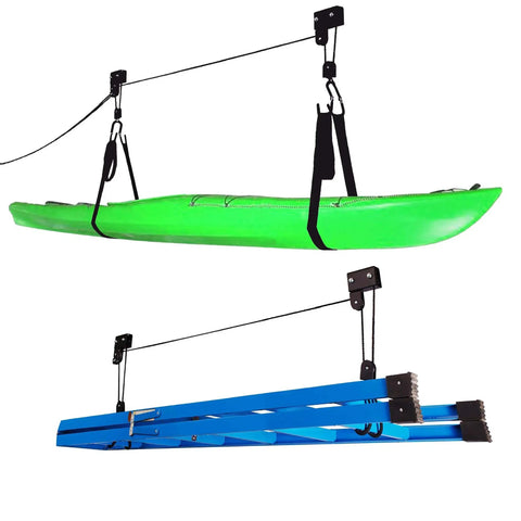 Overhead Kayak Hoist With Pulley System For Garage Storage, 125 Lb Capacity, Lifts Kayaks, Canoes, And Bikes Safely