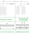 Diagram showing LED Under Cabinet Lighting Kit with dimmable strip lights installation using connectors and splitters.