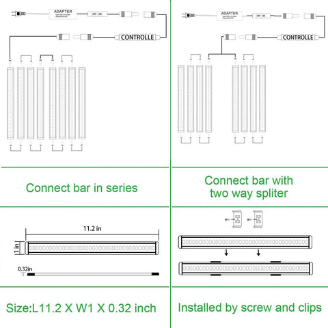 Diagram showing LED Under Cabinet Lighting Kit with dimmable strip lights installation using connectors and splitters.