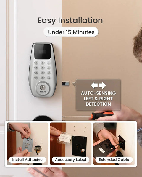 Smart Lock With Built In WiFi Keyless Entry And Display No Key Needed Front Door Deadbolt For Home And Rental Use 100 PIN Codes IP54 Weather Rating BHMA Grade 3 Security Silver.