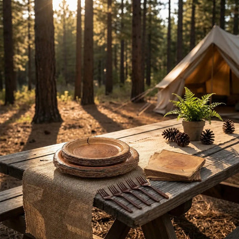 Wooden picnic table set with 100 Piece Disposable Rustic Wood Grain Slice Tableware Set For 25 Guests With 9 Inch Dinner Plates And 7 Inch Dessert Plates, 300gsm Heavy Duty White Card Stock, Leak Proof And Saucy Food Ready For Backyard Grills And Parties in a forest setting.