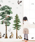Gigantic 68 Inch Watercolor Pine Tree Woodland Forest Safari Animals Wall Decals Peel And Stick Deer Birds Owl Wolf Stickers