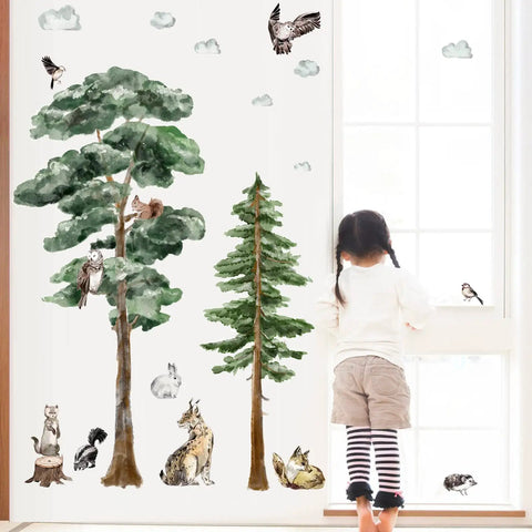 Gigantic 68 Inch Watercolor Pine Tree Woodland Forest Safari Animals Wall Decals Peel And Stick Deer Birds Owl Wolf Stickers