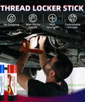 Mechanic using 19g Medium Strength Blue Threadlocker Stick For Permanent Bolt And Nut Locking In Automotive And Machinery Repair With Clean Easy Application Delivers Strong Vibration Resistance For Valve Cover Bolts Water Pump Fasteners Oil Pan Hardware under a car