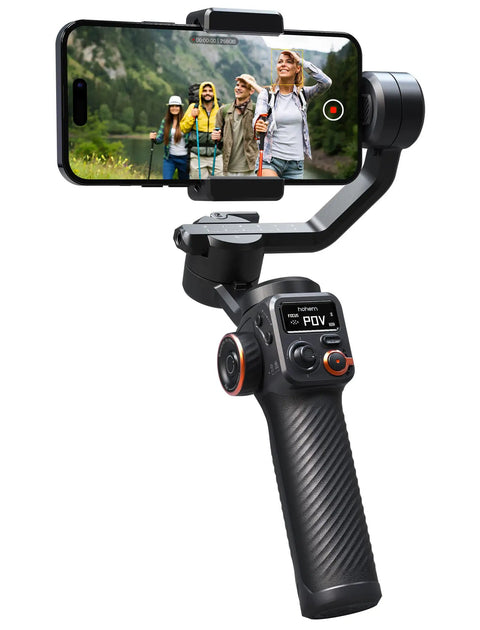 iSteady M6 Gimbal Stabilizer For Smartphone That Delivers Ultra Smooth Footage With 3 Axis Anti Shake, hikers in background