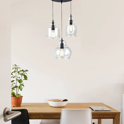 Three Light Modern Cluster Glass Pendant Lights With Amber Glass Shades For Kitchen Island And Dining Room hanging fixture