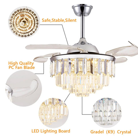36 Inch Retractable Fandelier Ceiling Fan With Remote And Dimmable Light featuring crystal chandelier style and LED lights