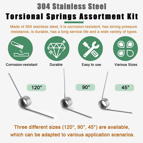 Ruibapa torsional springs kit, 304 stainless steel; three angles 120°, 90°, 45° with icons for corrosion resistance, durability and easy use.