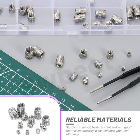 101 Piece Threaded Insert Kit For 3D Printing M2 To M6 In 12 Sizes 303 Stainless Steel Heat Set Inserts And Female Knurled Nuts for DIY projects.
