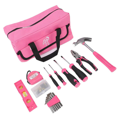 Pink Tool Kit For Women 18 Piece Complete Hand Tool Set With Hammer Wrench Measuring Tape And Screwdrivers For Home Repair DIY Projects Perfect For Quick Fixes And Fun Creative Projects, shown with a pink carrying case and tools.