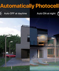200W LED Parking Lot Light With 30000 Lumens, Slip Fit Mount, showing dusk to dawn operation with a house background.