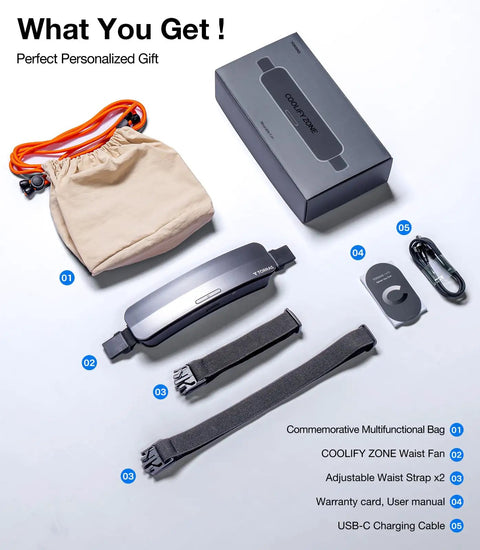 Ultra Light Waist Belt Fan for Full Body Cooling, hands free portable cooler with accessories and packaging.
