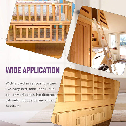 Three furniture pieces showcasing use of 181Pcs M6 Hardware Kit For Crib And Furniture With Flat Head Hex Socket Cap Bolts, Barrel Nuts.