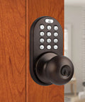 Keyless Entry Door Lock With Electronic Touchpad No Key Needed, Oil Rubbed Bronze Finish, installed on wooden door.
