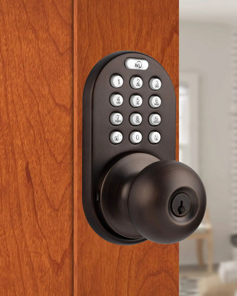 Keyless Entry Door Lock With Electronic Touchpad No Key Needed, Oil Rubbed Bronze Finish, installed on wooden door.
