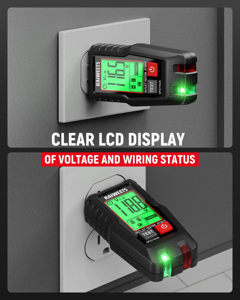 All In One Electrical Test Kit With Digital Multimeter Non Contact Voltage Tester And GFCI Outlet Tester LCD Display And Carrying Case For Electricians DIYers And HVAC Pros showing voltage status on screen