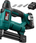 Cordless 2 In 1 Nail Gun And Staple Gun Kit With 20V Battery And Charger showing teal color, compact design, and charger.