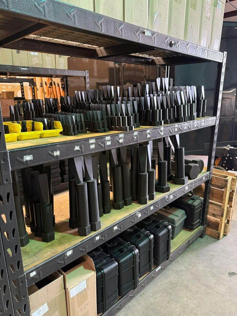 Pair Of 3/4 Inch Flange Alignment Pins In Black 4140 Steel Heat Treated For Heavy Duty Misalignment Fix stacked on warehouse shelves