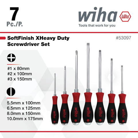Extra Heavy Duty Slotted And Phillips Screwdriver Set 7 Piece With SoftFinish Cushioned Grips And Direct Molded Handles on display