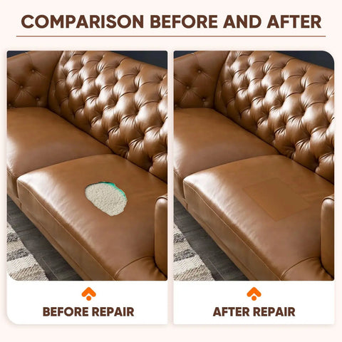 Comparison of a leather sofa before and after using Self-Adhesive Leather Repair Patch Kit With Three 8.3 x 11 Inch Patches for repair