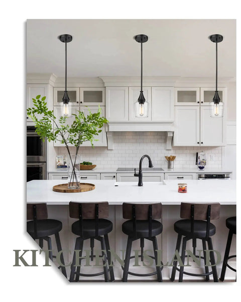 2 Pack Black Pendant Light Set With Wine Glass Shade illuminating modern kitchen with island and dining room seating.