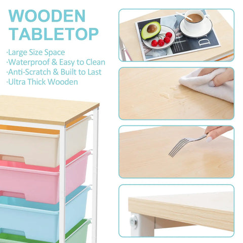 Rolling Storage Cart With Four Large Drawers And Wooden Top, Durable Powder-Coated Mobile Utility Cart On Wheels For Kitchen, Office, Garage, Or Craft Room Organization With Easy Access Storage, Rainbow Finish, showcasing wooden tabletop, ideal for storage.
