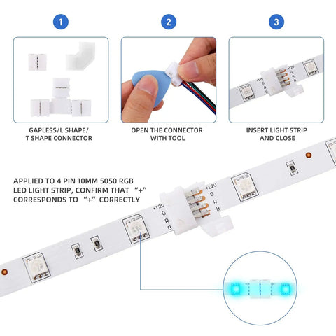 Easy Install 5050 RGB LED Strip Connector Kit With 4 Pin 10mm Connectors shown with connector and LED strip insertion process