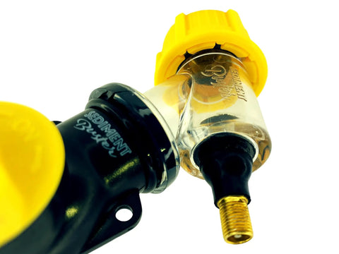 Close-up of Sediment Buster Water Heater Flushing Tool showing yellow adapter and clear tubing