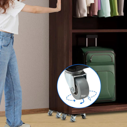 Heavy Duty Furniture Movers With 360 Degree Roller Wheels Set Includes Lifter Tool For Easy Moving Of Heavy Loads Up To 880 Lbs, close-up of silver rollers on a wooden cabinet.