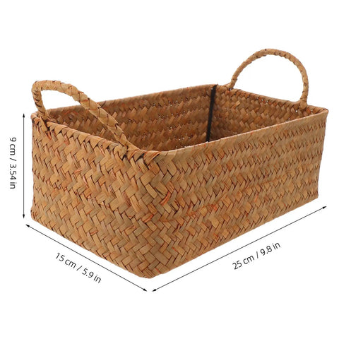 Spacious Open Top Seagrass Woven Storage Basket With Heavy Duty Handles For Kitchen Farmhouse Pantry Bathroom Towels Cosmetics And Hassle Free Daily Organization Goals, rectangular shape, 25x15x9 cm.