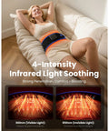 Woman using Cordless Heating Pad Belt Massager For Lower Back Relief On The Go With Near Infrared Heat And Red Light Therapy.