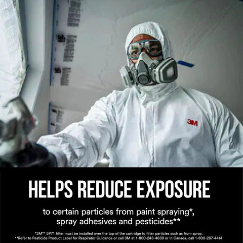 Person wearing respirator with P95 Particulate Filter 5P71P For 5000 Series Respirators, Oil-Proof NIOSH Approved, 95 Percent Filtration