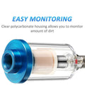 Triple Pack Compressed Air Filter And Water Oil Separator With 1/4 Inch NPT Inlet And Outlet for Airbrush, clear housing, blue fittings