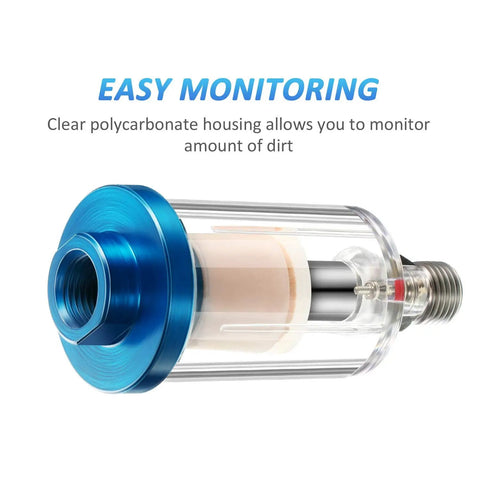Triple Pack Compressed Air Filter And Water Oil Separator With 1/4 Inch NPT Inlet And Outlet for Airbrush, clear housing, blue fittings