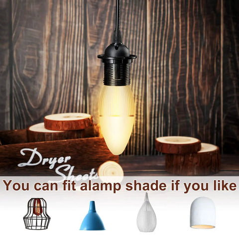 Six Piece Hanging Light Cord Kit For DIY Pendant Lamps With Inline On Off Switch And E27 Socket shown with bulb and shade options