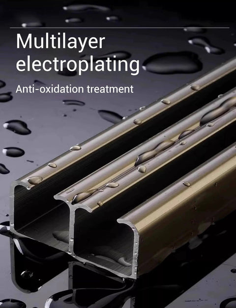 Multilayer electroplated barn door rail showcasing anti-oxidation treatment with water droplets, for Sliding Double Track Barn Door Hardware Kit for Ceiling Mount and Pocket Door Rails, Heavy Duty Replacement Track System for Wood or Metal Doors, Quiet Stainless Steel Pulleys, Brown Finish, 120cm Rail, No-Fuss Install.