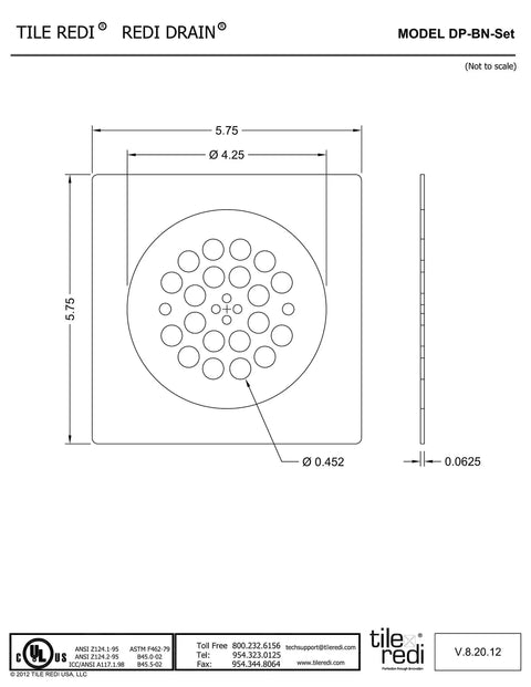 Brushed Nickel Two Piece Drain Plate Set Made From 14 Gauge Stainless Steel Includes Square 5.75 Inch Drain Cover And Round 4.25 Inch Drain Cover For A Modern Bathroom Upgrade With Hardware Included, technical drawing of drain covers