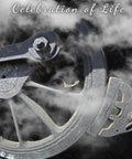 Railroad Inspired Celebration Of Life Memorial Guest Book cover with train wheel and steam, honoring strength and progress.