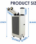 Industrial Grade Portable AC 15,400 BTU Tough As Nails Spot Cooler With Twin Hose dimensions shown alongside specifications.