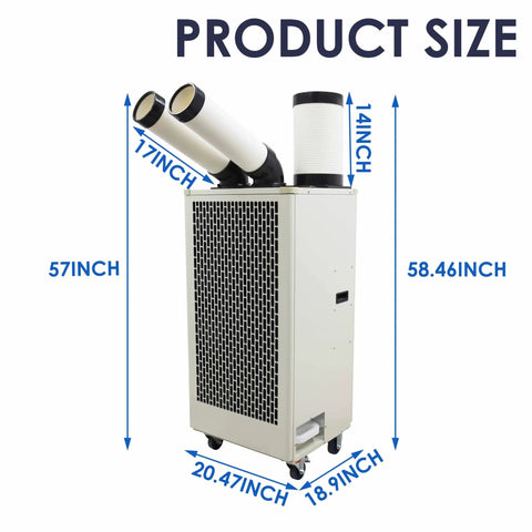 Industrial Grade Portable AC 15,400 BTU Tough As Nails Spot Cooler With Twin Hose dimensions shown alongside specifications.