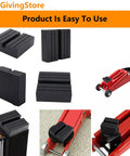 Heavy Duty Square Jack Pads With Anti-Slip Rubber Build For Safe Car Lifting And Pinch Weld Protection, four black pads on a jack.