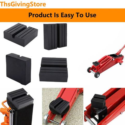 Heavy Duty Square Jack Pads With Anti-Slip Rubber Build For Safe Car Lifting And Pinch Weld Protection, four black pads on a jack.