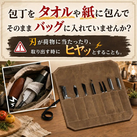 Durable Canvas Knife Roll Case For Outdoor Use And Camping, Waterproof 7 Pocket Knife Organizer displayed open with knives inside.