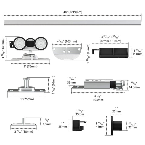 Diagram of 48 Inch Bifold Door Hardware Kit For Four Doors Aluminum Top Mounted Sliding Barn Door Track System With Three Wheel Hangers.