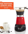 Kickstart Your Day With This Dope Compact Electric Espresso Coffee Maker Featuring A Seriously Cool Touch Handle And Versatile 3 6 Cup Capacity For Quick Perky Shots In Bold Red on kitchen counter with brewed coffee and snacks.